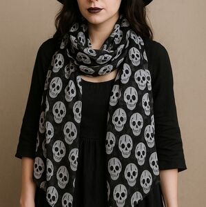 Black White Skull Print Scarf Gothic Halloween Punk Rock Whimsygoth Witchcore